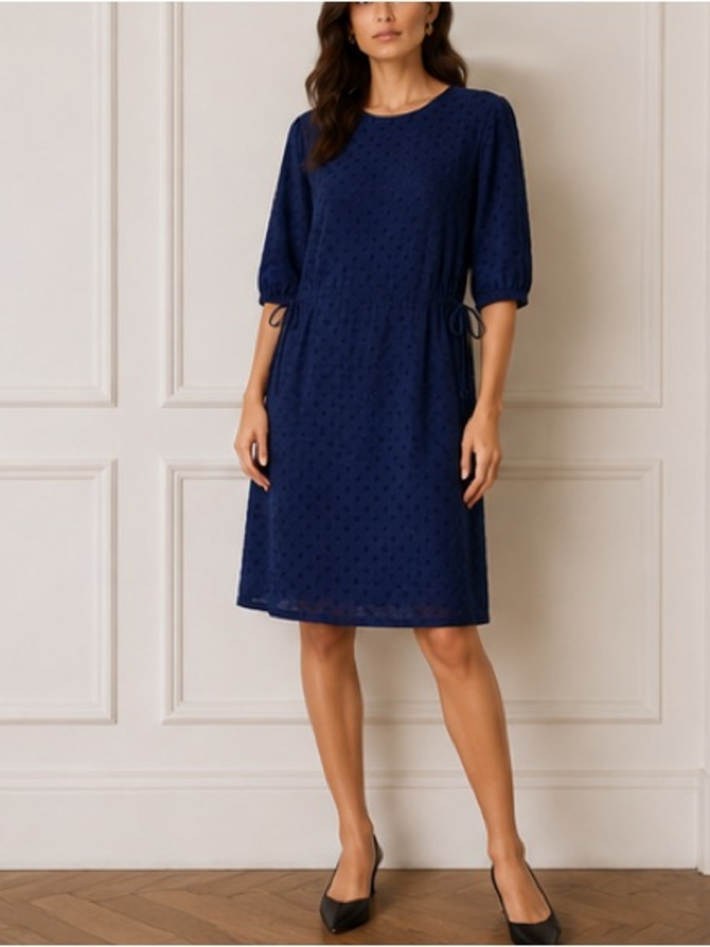 Sandro Lori navy dot dress crew neck half sleeves ties at waist Size 3 / L - Picture 1 of 11